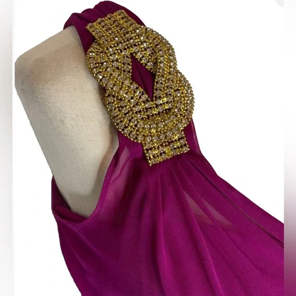 Xscape Elegant Evening Gown Plum Color Size 4  Dress with Gold Embellishment. - Picture 6 of 11